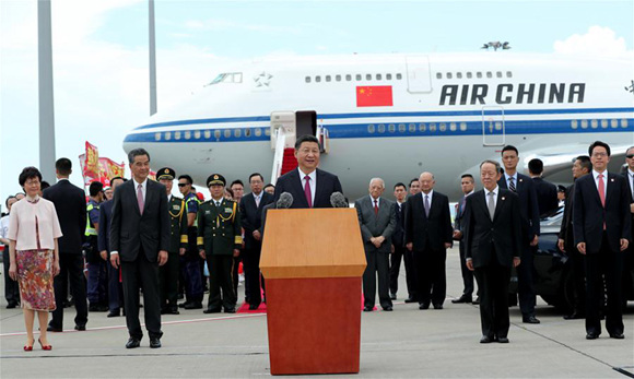 Chinese President Xi Jinping speaks upon his arrival in Hong Kong, south China, June 29, 2017. Xi is here to attend celebrations marking the 20th anniversary of Hong Kong's return to the motherland, and the inauguration of the fifth-term government of the Hong Kong Special Administrative Region (HKSAR). (Xinhua/Ma Zhancheng)