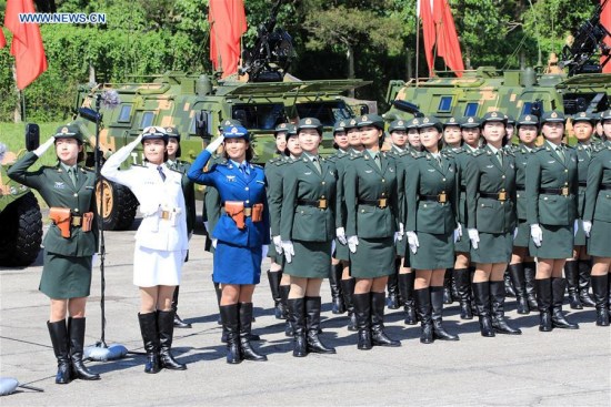 Women soldiers of Chinese People's Liberation Army (PLA) Garrison in the Hong Kong Special Administrative Region (HKSAR) are seen at Shek Kong barracks in Hong Kong, south China, June 30, 2017. (Xinhua/Li Gang)