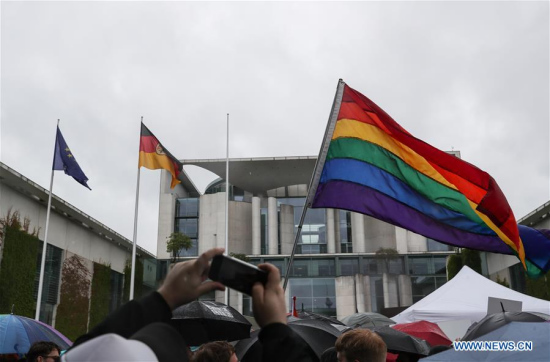 Photo taken on June 30, 2017 shows a view of the rally Marriage for All in front of the German Chancellery in Berlin, capital of Germany. Germany's federal parliament, or Bundestag, on Friday passed the bill legalizing same-sex marriage. (Xinhua/Shan Yuqi)
