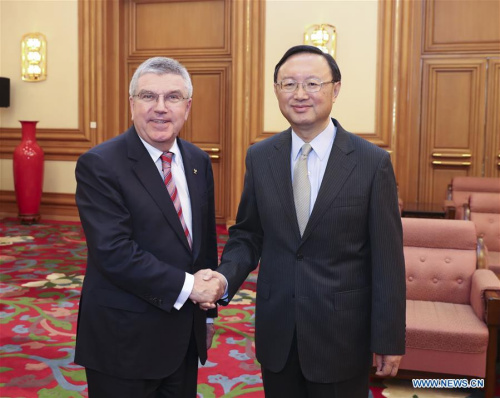 Chinese State Councilor Yang Jiechi (R) meets with International Olympic Committee (IOC) President Thomas Bach in Beijing, capital of China, July 2, 2017. (Xinhua/Pang Xinglei)