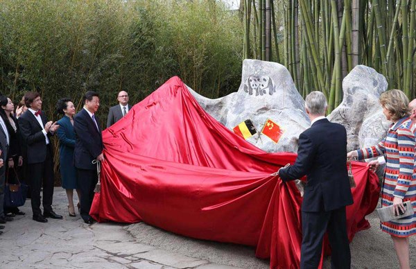   Chinese President Xi Jinping (3rd L, front), his wife Peng Liyuan (2nd L, front), Belgian King Philippe (2nd R, front) and Queen Mathilde (front R) unveil the panda house together at the Pairi Daiza zoo in Brugelette, Belgium, March 30, 2014. (Photo/Xinhua)