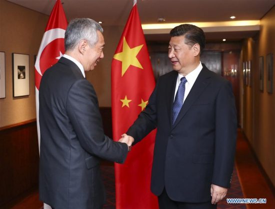 Chinese President Xi Jinping (R) meets with Singaporean Prime Minister Lee Hsien Loong in Hamburg, Germany, July 6, 2017. (Xinhua/Xie Huanchi)