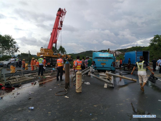 Photo taken on July 6, 2017 shows the site of a road accident in Longmen, south China's Guangdong Province. Nineteen people died, and many others were injured after a coach overturned on an expressway Thursday afternoon in south China's Guangdong Province. (Xinhua)