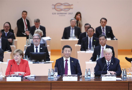 Chinese President Xi Jinping (C front) attends the 12th Summit of the Group of 20 (G20) major economies in Hamburg, Germany, July 7, 2017. (Xinhua/Xie Huanchi)