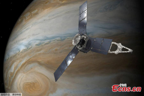 NASA's Juno spacecraft in orbit above Jupiteros Great Red Spot is seen in this undated illustration. NASAs Juno mission completed a close flyby of Jupiter and its Great Red Spot on July 10, 2017 during its sixth science orbit.(Photo/Agencies)