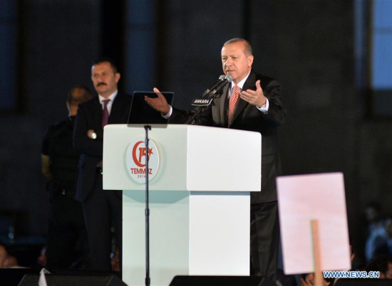Turkish President Recep Tayyip Erdogan makes a speech during a ceremony marking the first anniversary of the defeat of an attempted coup in Ankara, capital of Turkey, July 16, 2017. (Xinhua/Mustafa Kaya)