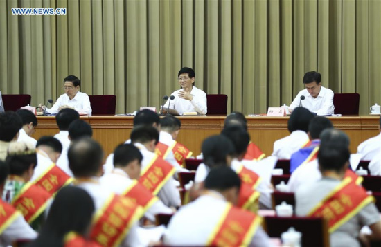 Meng Jianzhu, head of the Commission for Political and Legal Affairs of the Communist Party of China (CPC) Central Committee, conveys Chinese President Xi Jinping's written instruction to the eighth national conference on petition work in Beijing, capital of China, July 18, 2017. (Xinhua/Xie Huanchi)