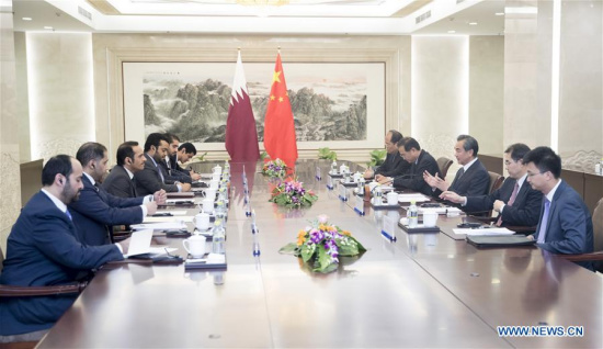 Chinese Foreign Minister Wang Yi meets with his Qatari counterpart Sheikh Mohammed bin Abdulrahman Al-Thani in Beijing, capital of China, July 20, 2017. (Xinhua/Ding Haitao)