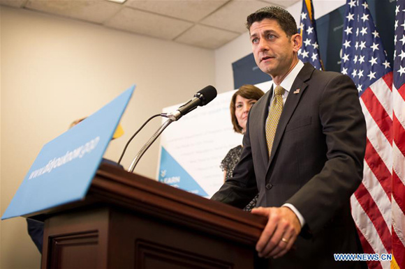 U.S. House Speaker Paul Ryan (Front) speaks at a press conference on Capitol Hill in Washington D.C., the United States, on July 25, 2017. The U.S. House of Representatives on Tuesday overwhelmingly approved a bill that will slap tougher sanctions on Russia, Iran and the Democratic People's Republic of Korea (DPRK). (Xinhua/Ting Shen)