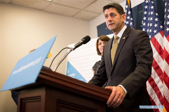 U.S. House Speaker Paul Ryan (Front) speaks at a press conference on Capitol Hill in Washington D.C., the United States, on July 25, 2017.  (Xinhua/Ting Shen)