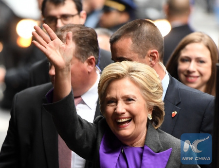 File photo taken on Nov. 9, 2016 shows that U.S. Democratic presidential nominee Hillary Clinton arrives for her first public concession speech after losing the presidential election to the Republican candidate in New York, the United States. (Xinhua/Yin Bogu)