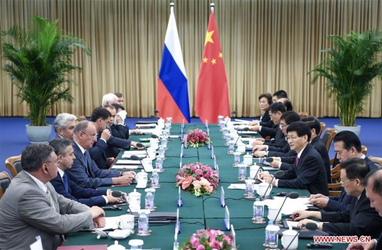 Meng Jianzhu, member of the Political Bureau of the Communist Party of China (CPC) Central Committee and head of the Commission for Political and Legal Affairs of the CPC Central Committee, and Russian Security Council Secretary Nikolai Patrushev, hold the fourth meeting on institutional cooperation in law enforcement and security between China and Russia in Beijing, capital of China, July 27, 2017. (Xinhua/Zhang Ling)