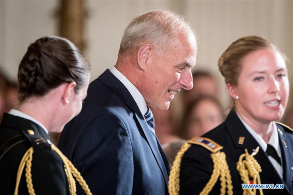 White House Chief of Staff John Kelly (C) is pictured during a ceremony at the White House in Washington D.C., United States, on July 31, 2017. John Kelly, former secretary of homeland security, was sworn in as U.S. President Donald Trump's new White House Chief of Staff. (Xinhua/Ting Shen)