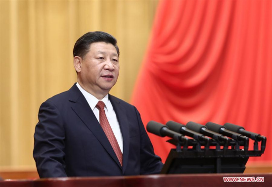 Chinese President Xi Jinping, also general secretary of the Communist Party of China Central Committee and chairman of the Central Military Commission, addresses a grand gathering in celebration of the 90th founding anniversary of the People's Liberation Army (PLA) at the Great Hall of the People in Beijing, capital of China, Aug. 1, 2017. (Xinhua/Ju Peng)
