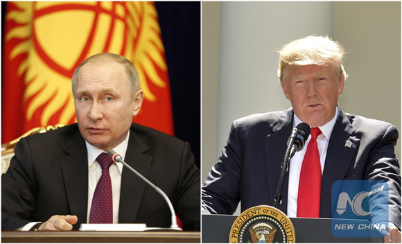A combination of file photos show Russian President Vladimir Putin (L) at a news conference in Bishkek, Kyrgyzstan, on Feb. 28, 2017 and U.S. President Donald Trump at the White House in Washington D.C., the United States, on June 1, 2017. (Photo/Xinhua)
