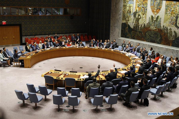 Photo taken on Aug. 5, 2017 shows the United Nations Security Council voting on a resolution on the Democratic People's Republic of Korea (DPRK) at the UN headquarters in New York. UN Security Council adopted resolution on Saturday in response to DPRK's two intercontinental ballistic missile (ICBM) tests in July. (Xinhua/Li Muzi)