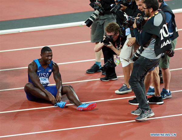 Justin Gatlin of the United States reacts after Men's 100m final of the 2017 IAAF World Championships at London Stadium in London, Britain, on Aug. 5, 2017. 2005 world champion Justin Gatlin staged by far the biggest surprise of the London world championships as he edged defending champion Usain Bolt to take the world title here on Saturday. Gatlin became the most subdued world champion when he came back from behind to win in 9.92 seconds. (Xinhua/Luo huanhuan)
