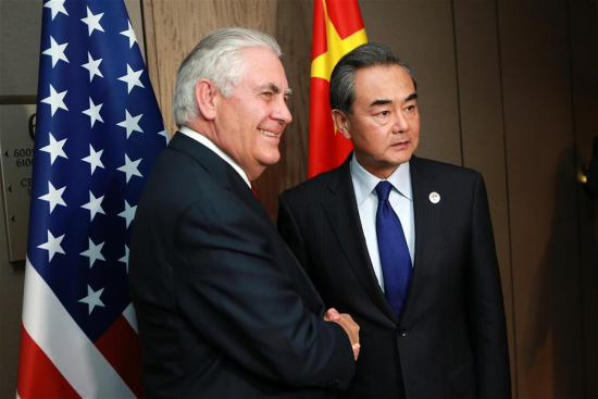 Chinese Foreign Minister Wang Yi (R) meets with U.S. Secretary of State Rex Tillerson on the sidelines of a series of ASEAN foreign ministers' meetings in Manila, the Philippines, Aug. 6, 2017. (Xinhua/Rouelle Umali)