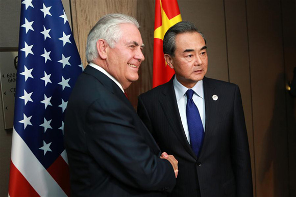 Chinese Foreign Minister Wang Yi (R) meets with U.S. Secretary of State Rex Tillerson on the sidelines of a series of ASEAN foreign ministers' meetings in Manila, the Philippines, Aug. 6, 2017. (Xinhua/Rouelle Umali)