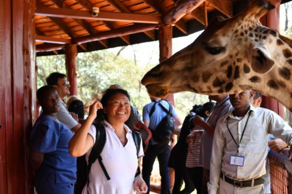 Tourists visit a giraffe center in Kenya's capital Nairobi. (File photo/Xinhua)