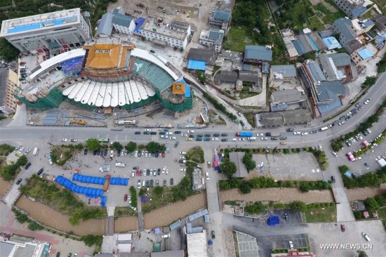 Aerial photo taken on Aug. 10, 2017 shows the scene in the epicenter of a 7.0-magnitude earthquake in Zhangzha Township, Jiuzhaigou County, southwest China's Sichuan Province.  (Photo/Xinhua)