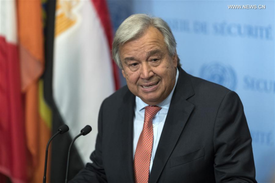 United Nations Secretary-General Antonio Guterres speaks to the press during a media encounter at the UN headquarters in New York, Aug. 16, 2017. (Xinhua/Li Muzi)