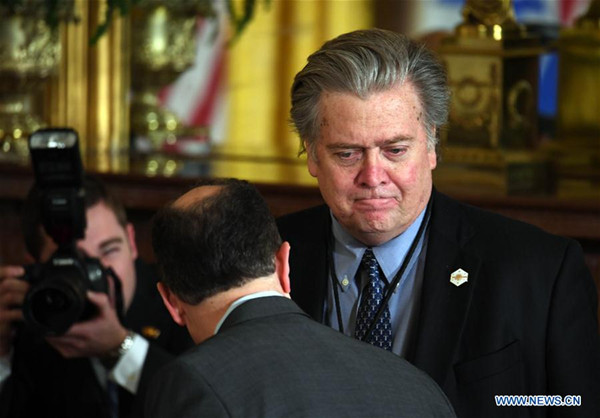 File photo taken on Feb. 15, 2017 shows White House Chief Strategist Stephen Bannon (1st R) at the White House in Washington D.C., the United States. Multiple U.S. media reported on Aug. 18 that U.S. President Donald Trump has decided to fire White House Chief Strategist Stephen Bannon, in a major White House shakeup. (Xinhua/Yin Bogu)