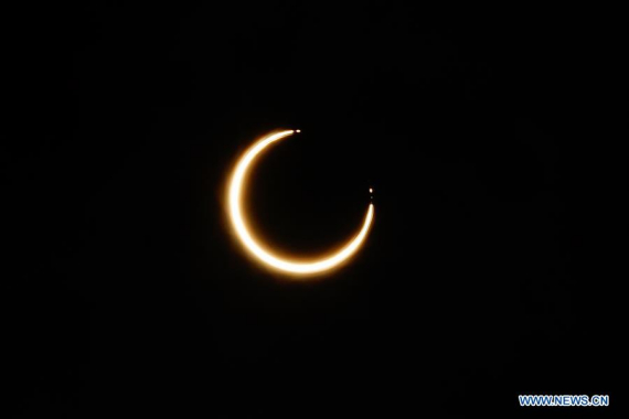 Photo taken on Feb. 26, 2017 shows a solar eclipse in Villa Manihuales, Chile, on Feb. 26, 2017. (Xinhua file photo/Pedro Vega Labra/AGENCIA UNO)