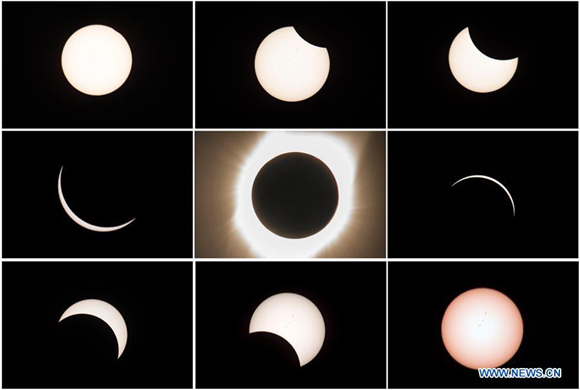 Combo photo taken on Aug. 21, 2017 shows the process of a total solar eclipse (C) from the beginning (L, Top) to the end (R, Bottom) seen from Salem, Oregon, the United States. A once-in-a-century total solar eclipse is spanning the continental United States on Monday, creating a 70-mile-wide (112 kilometers) path of totality stretching from Oregon in the Pacific Northwest to South Carolina on the Southeast Coast. (Xinhua/Yin Bogu)