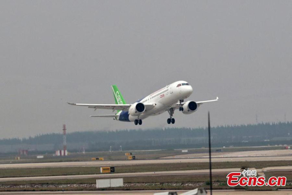 China sent its homegrown large passenger plane C919 into sky on Friday, May 5, 2017, becoming one of the world's top makers of jumbo aircraft. (Photo: China News Service/Zhang Hengwei)
