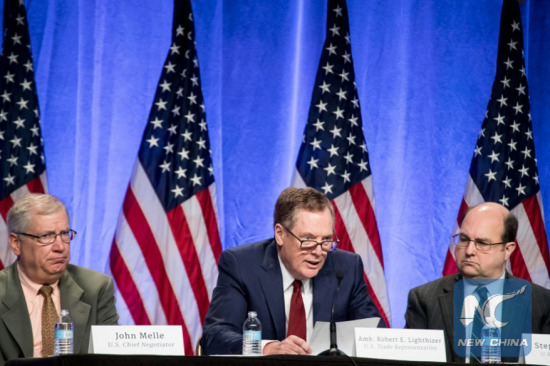 Robert Lighthizer, U.S. trade representative, attends the first round of North American Free Trade Agreement (NAFTA) renegotiations in Washington D.C., the United States, on August 16, 2017. (Xinhua/Ting Shen)