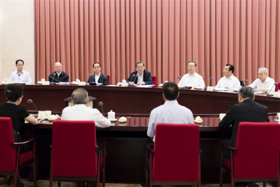 Yu Zhengsheng, chairman of the National Committee of the Chinese People's Political Consultative Conference, presides over a bi-weekly consultation session in Beijing, capital of China, Aug. 24, 2017. (Xinhua/Ding Haitao)