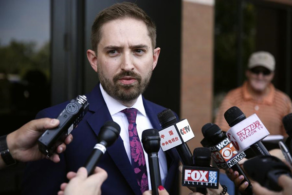 Evan Bruno, one of the lawyers representing Brendt Christensen, speaks to journalists outside a court in Urbana, Illinois, July 20, 2017. (Photo/Xinhua)
