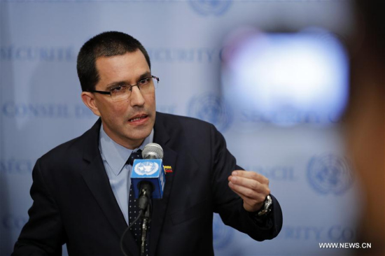 New U.S. economic sanctions imposed on Venezuela on Friday as well as U.S. President Donald Trump's recent threat of military force against the South American country are absurd, hostile against a peaceful nation, said Venezuela's Foreign Minister Jorge Arreaza here on Friday.   (Xinhua/Li Muzi)