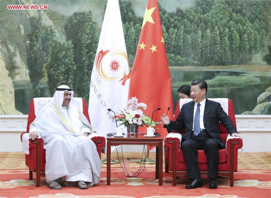 Chinese President Xi Jinping (R) meets with Sheikh Ahmad al-Fahad al-Sabah, president of the Olympic Council of Asia (OCA), in north China's Tianjin Municipality, Aug. 27, 2017. (Xinhua/Pang Xinglei)