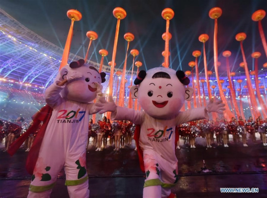 The mascot Jinwa is seen at the opening ceremony of the 13th Chinese National Games in north China's Tianjin, Aug. 27, 2017. /Xinhua Photo