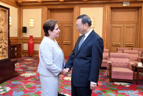 Chinese State Councilor Yang Jiechi (R) meets with Patricia Espinosa, United Nations Framework Convention on Climate Change (UNFCCC) Executive Secretary, in Beijing, capital of China, Aug. 28, 2017. (Xinhua/Zhang Duo)
