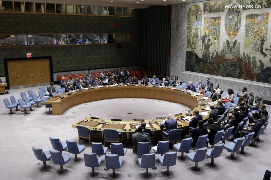 The United Nations Security Council holds an emergency meeting on the missile launch of the Democratic People's Republic of Korea (DPRK), at the UN headquarters in New York Aug. 29, 2017. The UN Security Council on Tuesday strongly condemned the latest missile launch by the DPRK, demanding it immediately cease such actions. (Xinhua/Li Muzi)