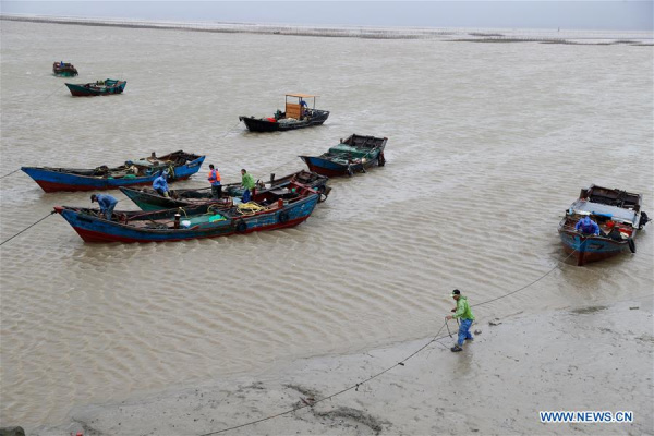 Fishermen reinforce fishing boats at a dock on Dongbi island in Longtian township of Fuqing city, East China's Fujian province, July 31, 2017.(Photo/Xinhua)