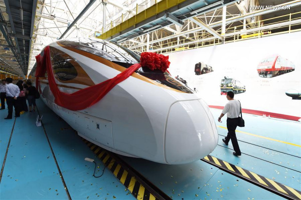 Photo taken on June 25, 2017 shows the CR400BF model of China's new electric multiple unit (EMU) train "Fuxing" in Beijing, capital of China. China holds complete intellectual property rights of "Fuxing" high speed trains. (Xinhua/Ju Huanzong)