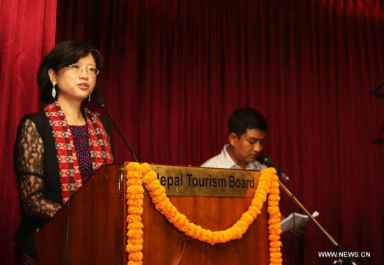 Chinese ambassador to Nepal Yu Hong (L) speaks at the Inauguration ceremony of Nepal Chinese Guide Association (NECGA) in Kathmandu, Nepal, Aug. 31, 2017. (Xinhua/Sunil Sharma)
