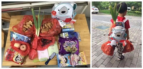 Items in schoolbag of Youyou and Youyou on the road to school. /Weibo Photo