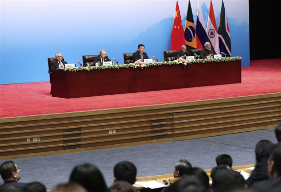 Chinese President Xi Jinping speaks during talks between the BRICS Business Council and BRICS leaders, in Xiamen, southeast China's Fujian Province, Sept. 4, 2017. (Xinhua/Ding Lin)