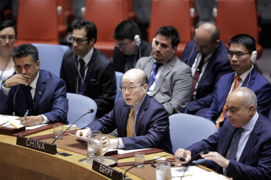 Liu Jieyi (C, Front), China's permanent representative to the United Nations, addresses a United Nations Security Council emergency meeting on the Democratic People's Republic of Korea (DPRK)'s nuclear test at the UN headquarters in New York, on Sept. 4, 2017. (Xinhua/Li Muzi)