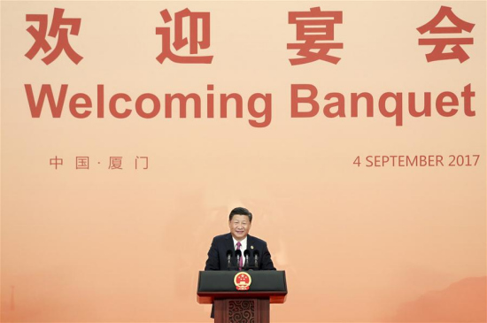 Chinese President Xi Jinping addresses a banquet for those attending the ninth BRICS summit and the Dialogue of Emerging Market and Developing Countries in Xiamen, southeast China's Fujian Province, Sept. 4, 2017. (Xinhua/Xie Huanchi)