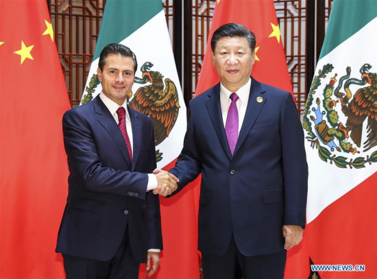 Chinese President Xi Jinping meets with Mexican President Enrique Pena Nieto in Xiamen, southeast China's Fujian Province, Sept. 4, 2017. Enrique Pena Nieto came to Xiamen to attend the Dialogue of Emerging Market and Developing Countries scheduled for Sept. 5. (Xinhua/Xie Huanchi)