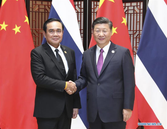 Chinese President Xi Jinping meets with Thai Prime Minister Prayut Chan-o-cha in Xiamen, southeast China's Fujian Province, Sept. 4, 2017. Prayut is in Xiamen to attend the Dialogue of Emerging Market and Developing Countries scheduled for Sept. 5. (Xinhua/Ma Zhancheng)
