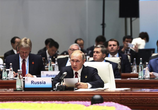 Russian President Vladimir Putin speaks at the Dialogue of Emerging Market and Developing Countries in Xiamen, southeast China's Fujian Province, Sept. 5, 2017. (Xinhua/Ju Peng)