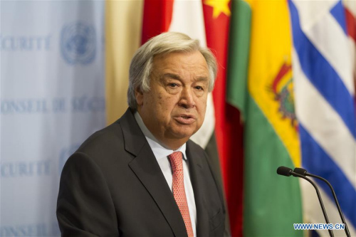 UN Secretary-General Antonio Guterres speaks to journalists during a press encounter at the UN headquarters in New York, on Sept. 5, 2017. (Xinhua/Li Muzi)