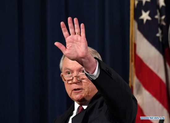 U.S. Attorney General Jeff Sessions leaves after a press conference in Washington D.C., the United States, on Sept. 5, 2017. (Xinhua/Yin Bogu)